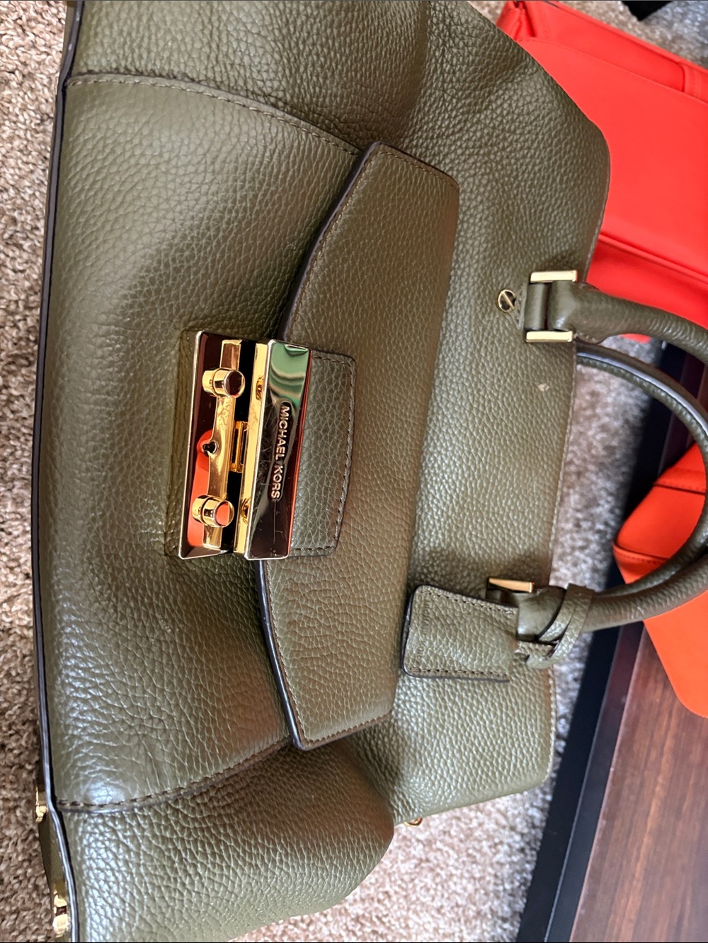 Michael Kors Olive Pebbled Leather Satchel with Gold Hardware